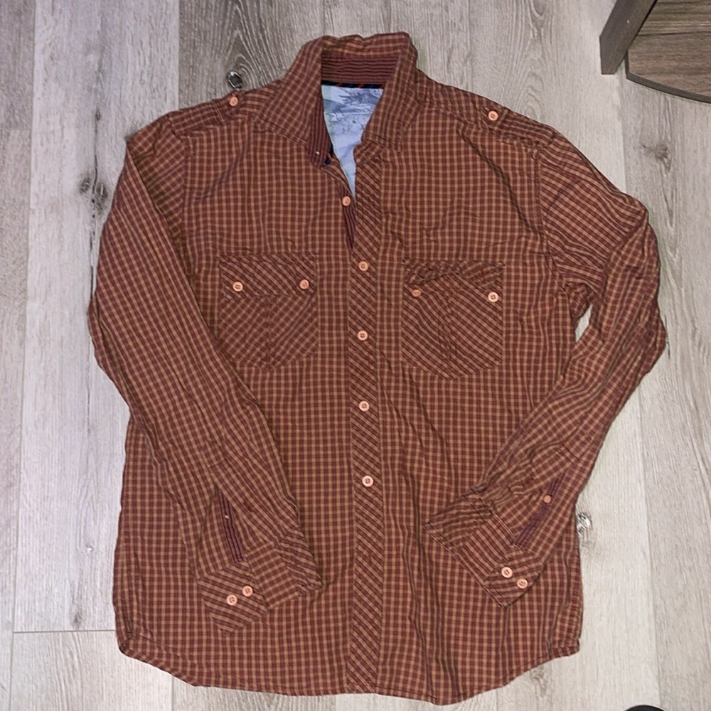 Plaid salmon colored button up